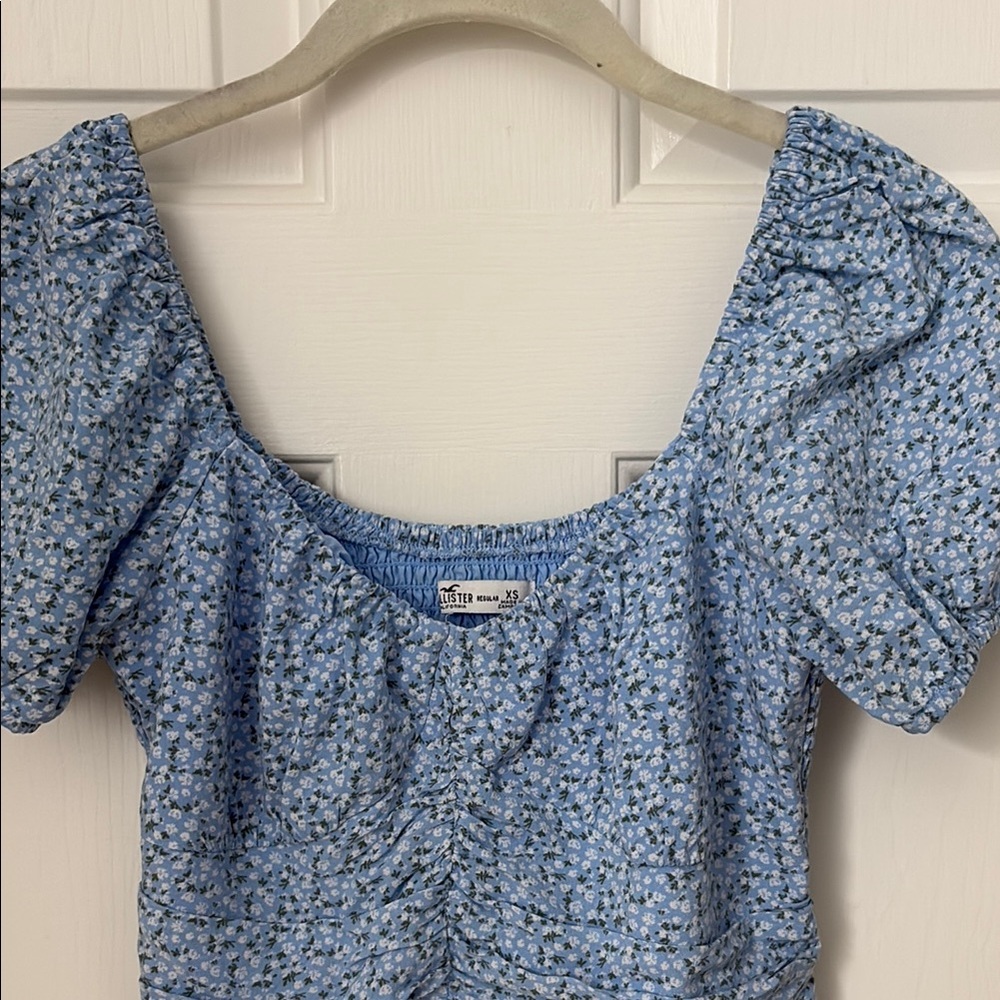 Hollister Blue and White Puff Sleeve Dress